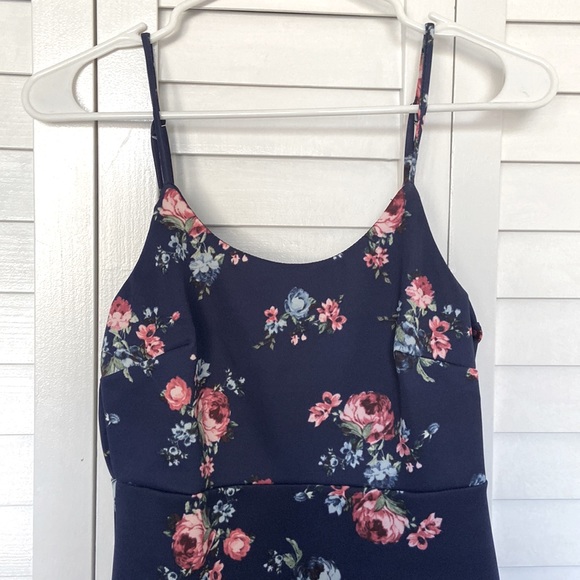 Aqua Navy Blue and Pink Rose Mini Dress - Picture 3 of 7